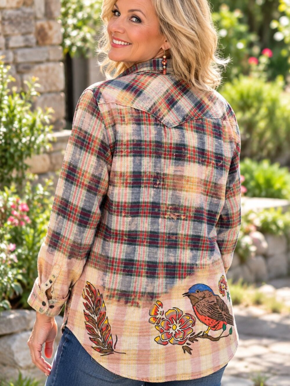 Upcycled Hand Painted Birds and Feathers Shirt - Bleached Blue Red L